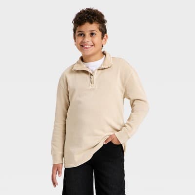 Boys' French Terry Quarter Zip Pullover Sweatshirt - Cat & Jack™ Brown L