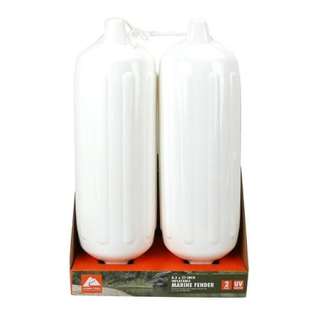 Ozark Trail 2-Pack Inflatable Boat Fenders – White 8.5x27" with Fender Lines, Bumpers Buoys