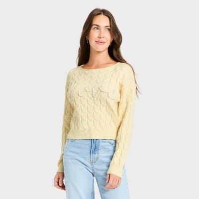 Women's Cozy Wide Crewneck Love Pullover Sweater - Universal Thread™ Cream M