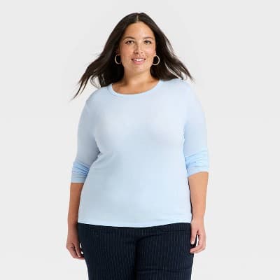 Women's Long Sleeve Fitted Jersey T-Shirt - A New Day™ Light Blue 4X