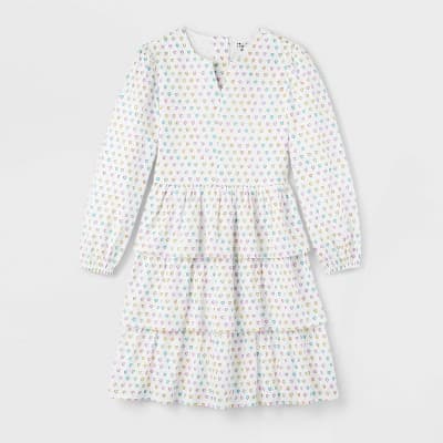 Girls' Adaptive Disco Hearts Wave Long Sleeve Tiered Mini A-Line Dress White - Roller Rabbit x Target M