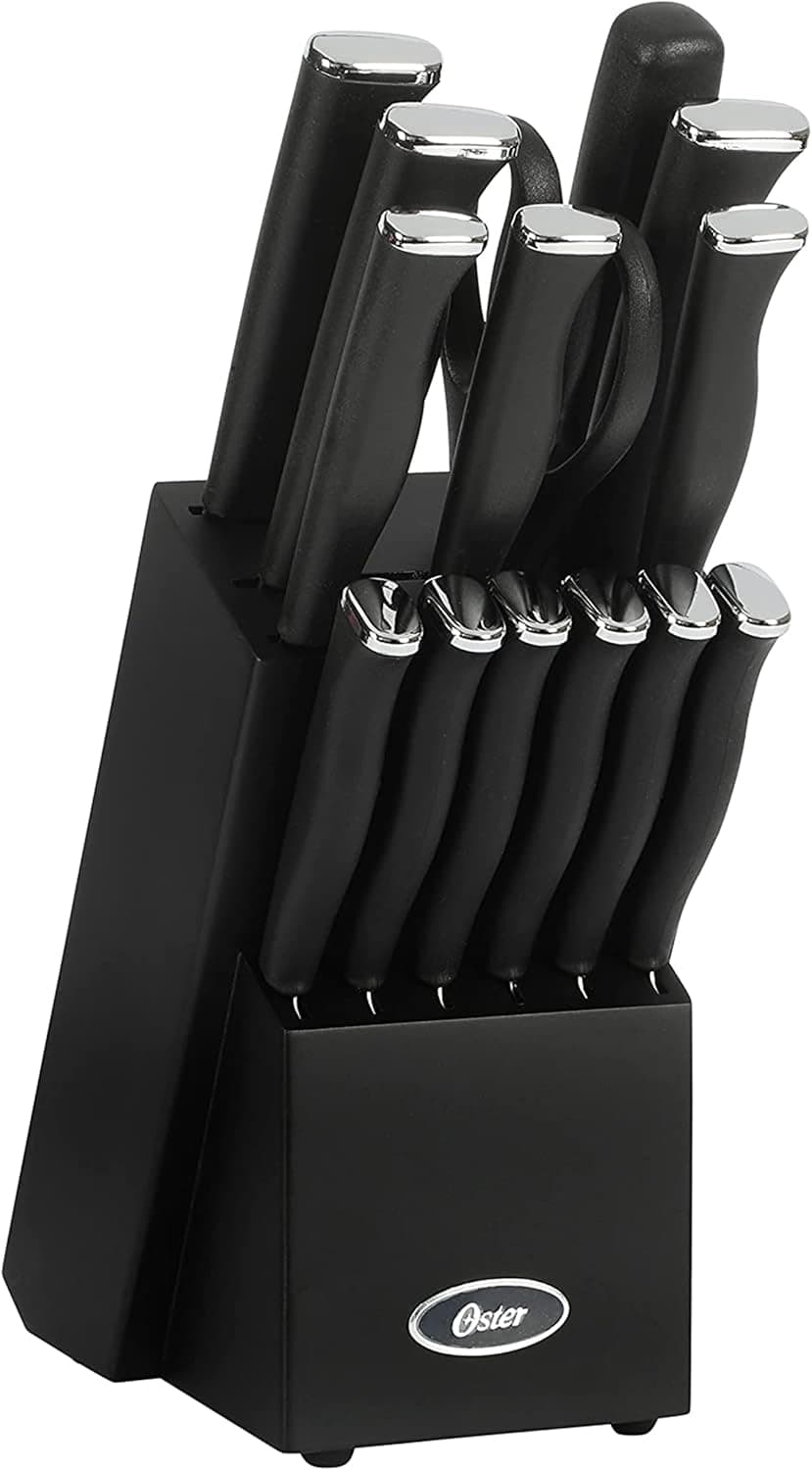 Oster Langmore 15-Piece Stainless Steel Knife Block Set with Black Handles – Full Kitchen Cutlery Set in Black Storage Box