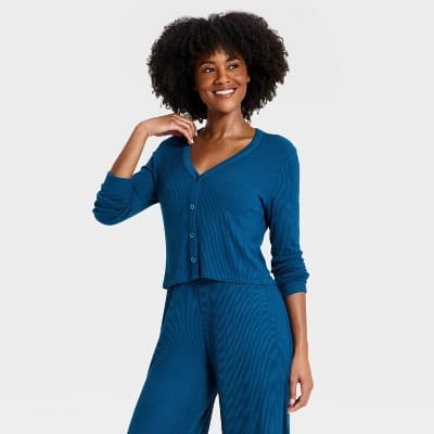 Women's Cozy Ribbed Long Sleeve Button Front Cardi - Auden™ Dark Blue S