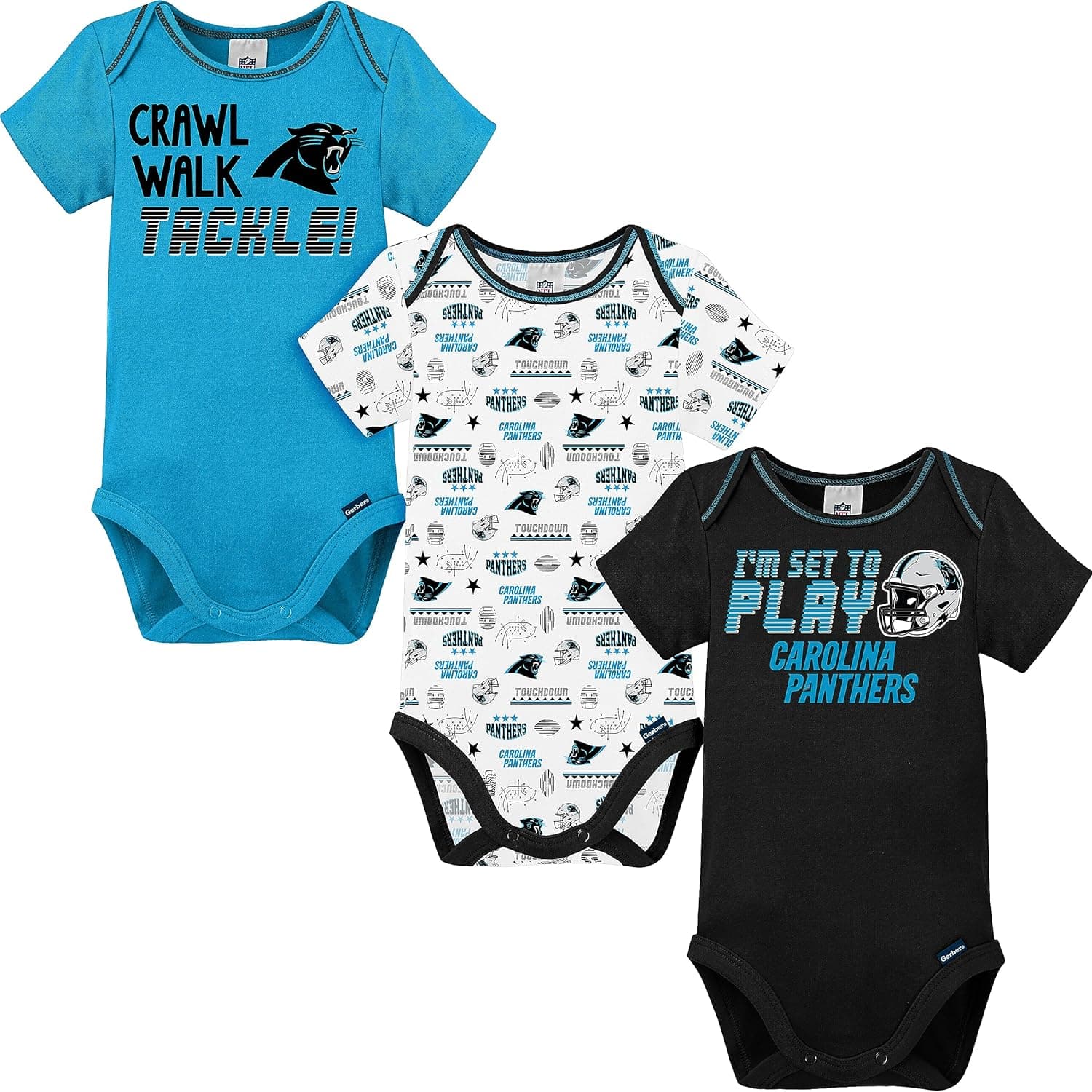 Gerber NFL Carolina Panthers 3 Pack Short Sleeve Bodysuit, black/blue/white Carolina Panthers, 0-3 Months (137453160PAT03M-004)
