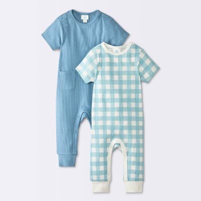 Baby Boys' 2pk Gingham Jacquard Short Sleeve Romper - Cloud Island™ Blue 12M