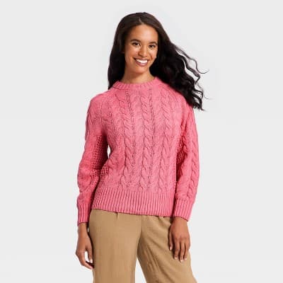 Women's Long Sleeve Round Neck Cable Sweater - A New Day™ Pink XS