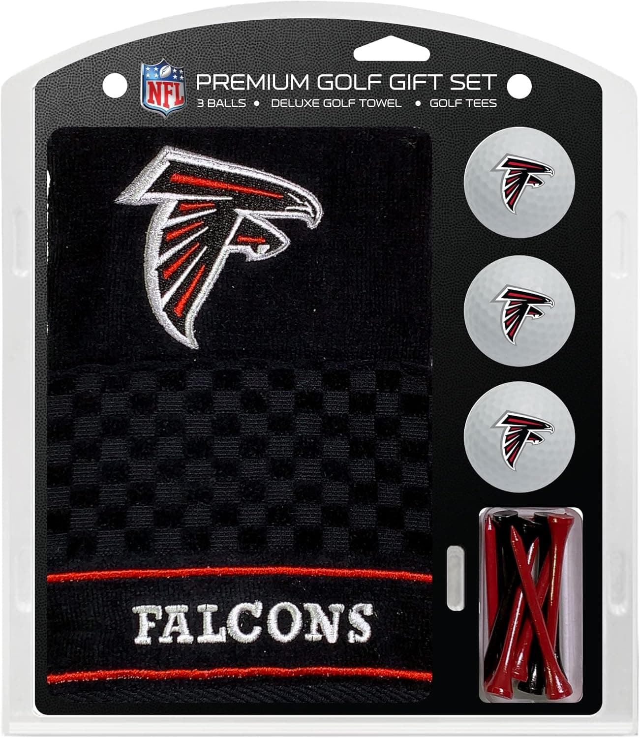 Team Golf NFL Atlanta Falcons Gift Set: Embroidered Golf Towel, 3 Golf Balls, and 14 Golf Tees 2-3/4" Regulation, Tri-Fold Towel 16" x 22" & 100% Cotton