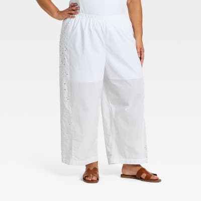 Women's Cropped Straight Leg Eyelet Pull-On Pants - A New Day™ White 3X