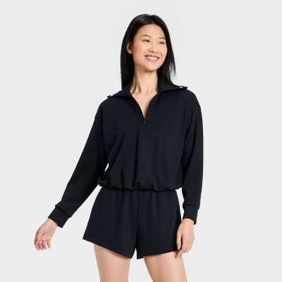Women's Airy Sleek Pique 1/2 Zip Bubble Hem Collared Pullover Sweatshirt - All In Motion™ Black XL