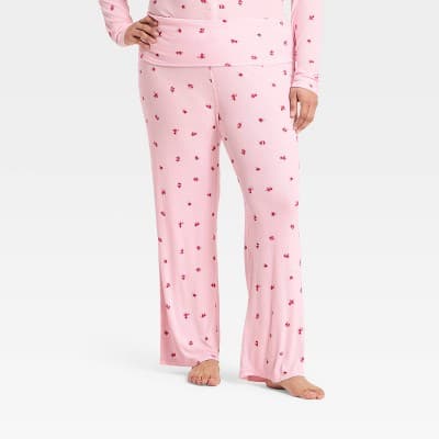 Women's Ribbed Fold Over Waistband Pajama Pants - Wild Fable™ Pink Floral 1X