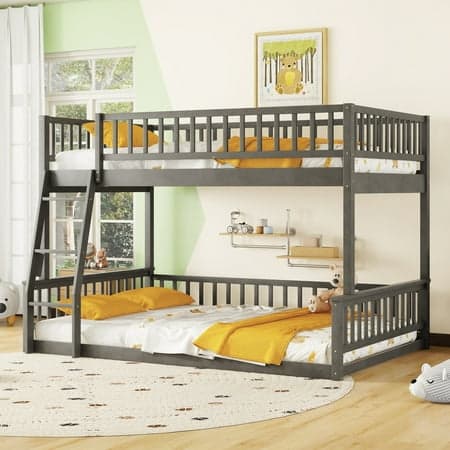 EUROCO Full XL over Queen Size Bunk Bed, 2-in-1 Wood Bed, Seperate into 2 Single Beds for Kids Teens and Adults, Gray