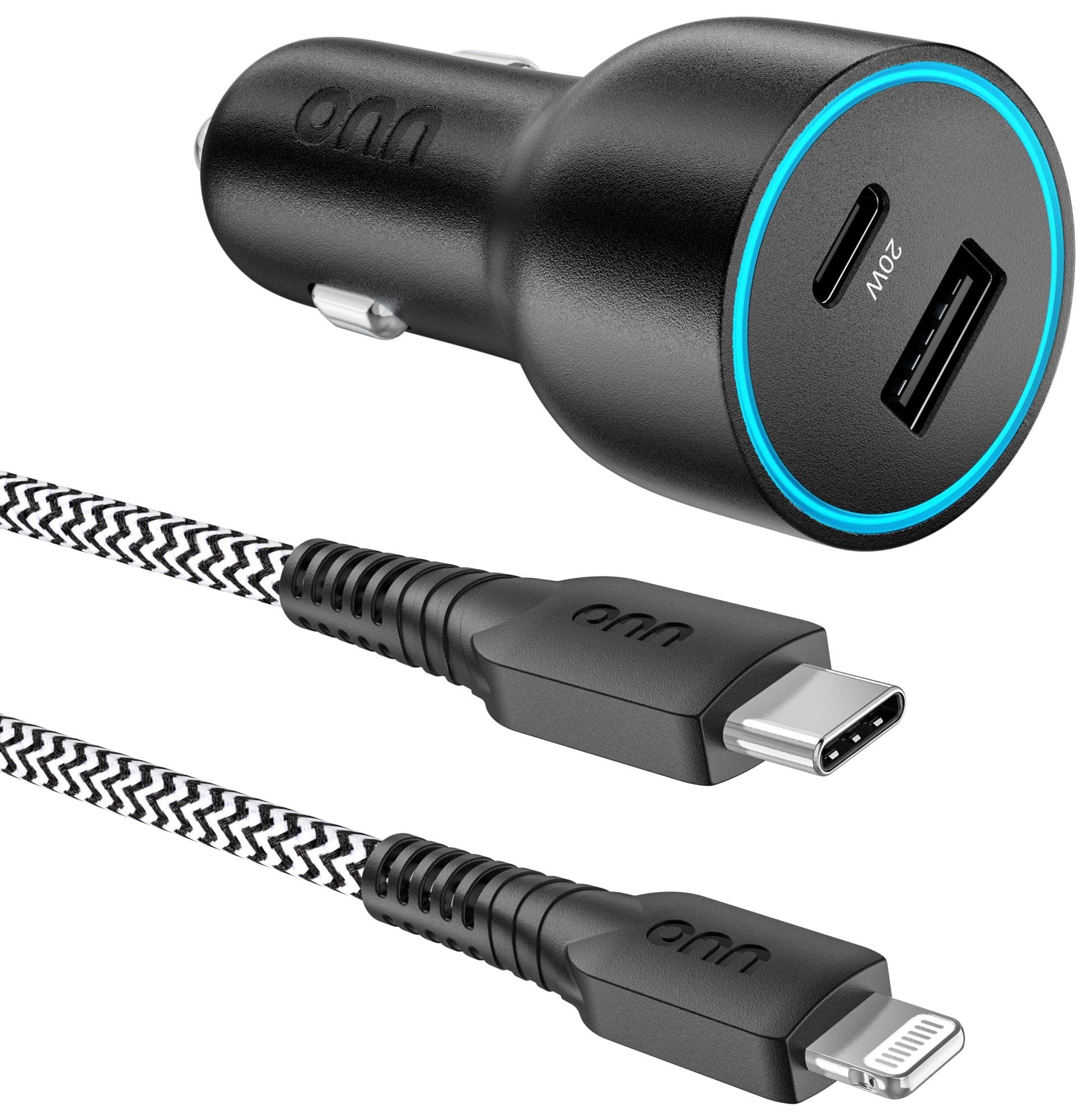 Onn 32W Dual USB-C & USB-A Car Charger with 3' USB-C to Lightning Cable