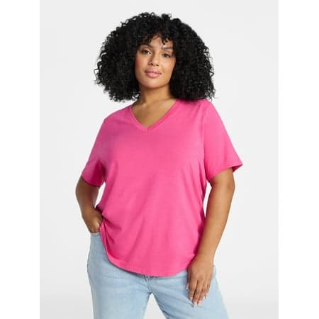 Terra & Sky Women's Plus Size V Neck Tee with Short Sleeves, Size 0X-4X