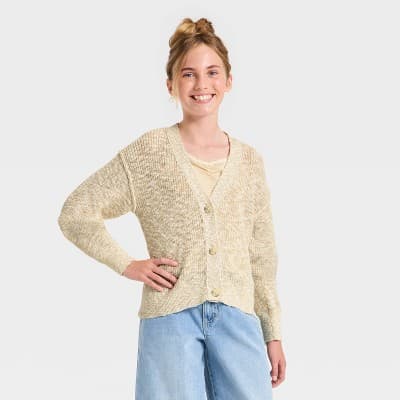 Girls' Button-Down Cardigan Sweater - Cat & Jack™ Khaki M