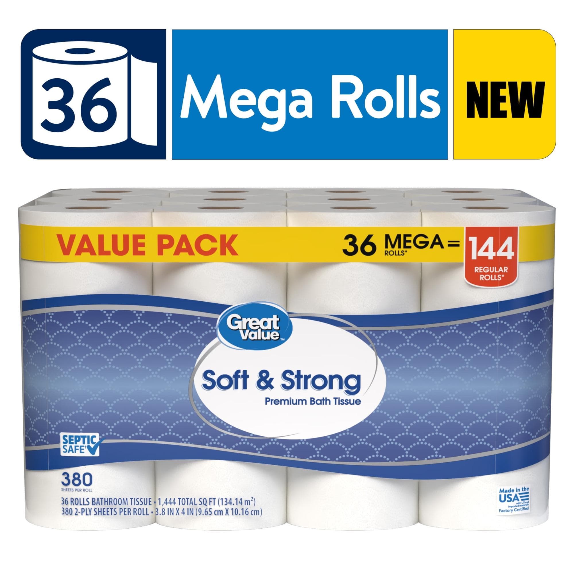 31% Off 36 Mega Rolls of Great Value Soft & Strong Premium Toilet Paper at Walmart