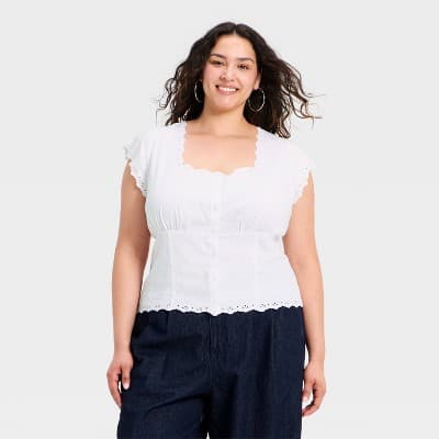 Women's Button-Front Scalloped Hem Top - A New Day™ Bright White XXL