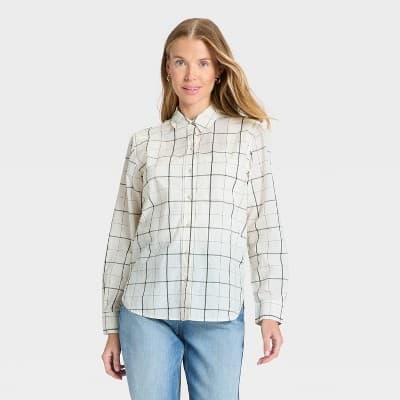 Women's Long Sleeve Collared Neck Button-Down Shirt - Universal Thread™ Cream Plaid S
