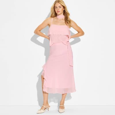 Women's Chiffon Ruffle Below Knee Midi Skirt - Wild Fable™ Light Pink XL