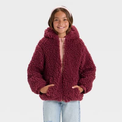 Girls' Faux Shearling Hooded Jacket - art class™ Maroon XS