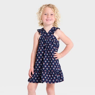Toddler Girls' 4th of July Sleeveless Floral Dress - Cat & Jack™ Navy 4T