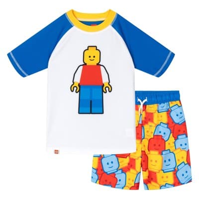 LEGO Toddler Boys' Short Sleeve Allover Print Swim Shirt and Elastic Waist Swim Shorts Set Minifigure Blue Red 3T