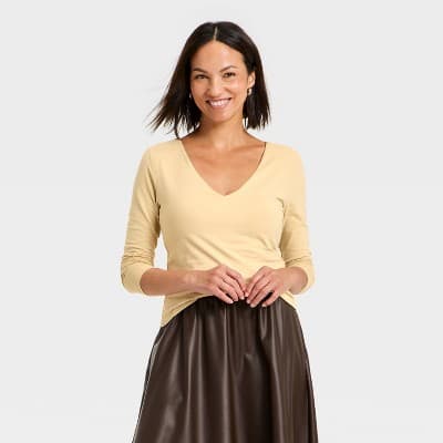 Women's Sculpt Long Sleeve V-Neck Top - A New Day™ Tan M