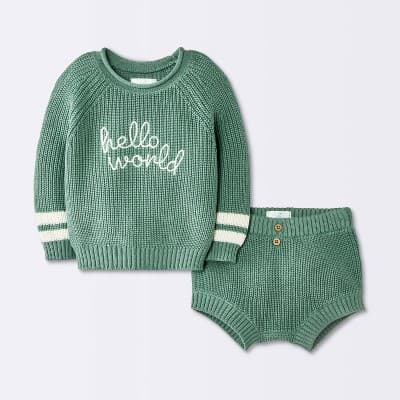 Baby Boys' 2pc Hello World Embroidered Sweater Shorts Set - Cloud Island™ Green 6-9M