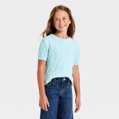 Girls' Short Sleeve Cable Knit Pullover Sweater - Cat & Jack™ Light Blue M