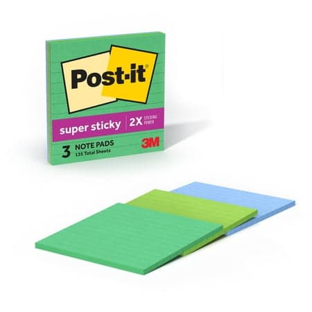 Post-it Super Sticky Notes, Lined, 4 in x 4 in, Assorted Greens and Blue, 3 Pads