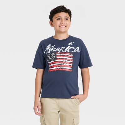 Boys' 4th of July USA Flag Short Sleeve Oversized Graphic T-Shirt - Navy Blue M