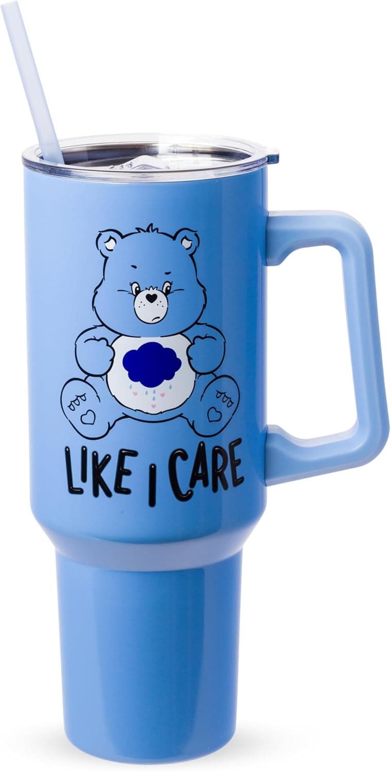 Silver Buffalo Care Bears Grumpy Bear Like I Care Double Walled Stainless Steel Tumbler with Handle and Straw, Fits in Standard Cup Holder, 40 Ounces