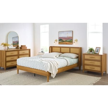 Better Homes & Gardens Springwood Caning King Platform Bed With Headboard, Light Honey Finish