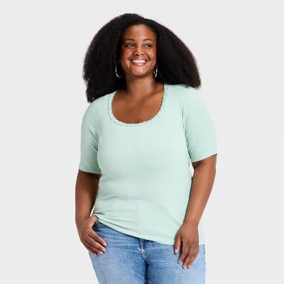 Women's Raglan Elbow Sleeve Lace Trim Scoop Neck Top - Ava & Viv™ Light Green 2X