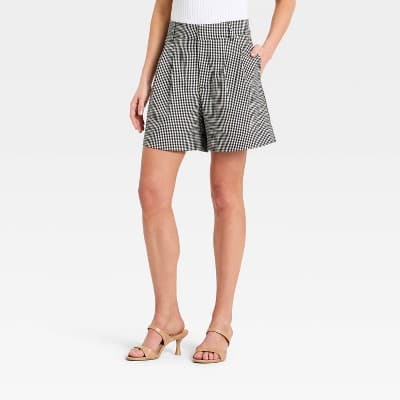 Women's Twill Pleated Shorts - A New Day™ Black Gingham 0