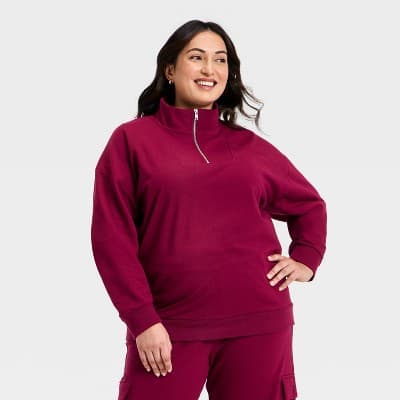 Women's French Terry Pullover Mockneck Sweatshirt - Ava & Viv™ Burgundy 1X