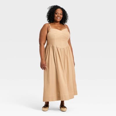 Women's Corset Midi A-Line Dress - Universal Thread™ Tan XXL