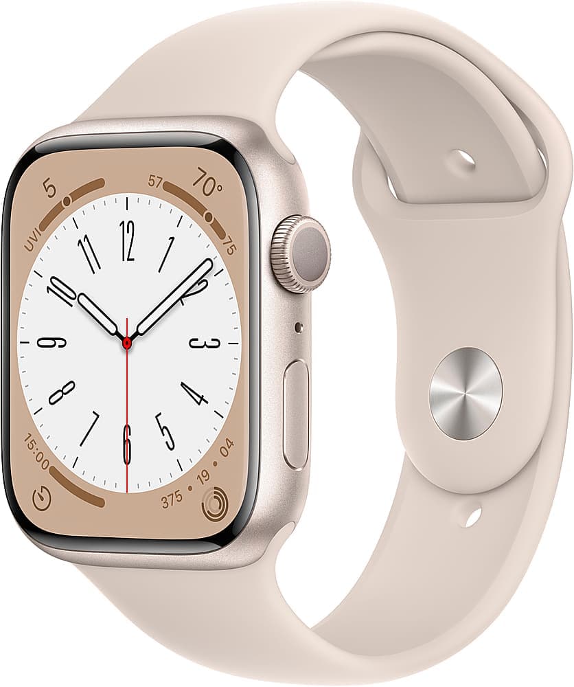 Apple Geek Squad Certified Refurbished Watch Series 8 (GPS) 45mm Aluminum Case with Starlight Sport Band - M/L - Starlight - (2022)