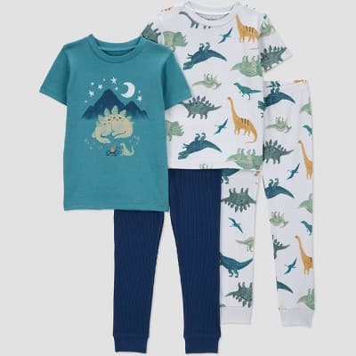 Carter's Just One You® Toddler Boys' 4pc Cotton Short Sleeve Dinosaur Pajama Set - Teal/White/Navy Blue 12M