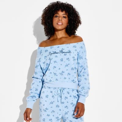 Women's Off the Shoulder Graphic Pullover Sweatshirt - Light Blue Floral M