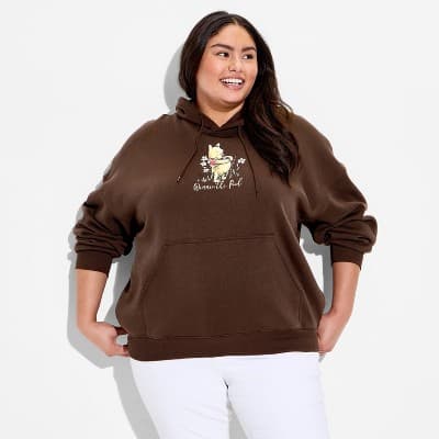 Women's Winnie The Pooh Graphic Hooded Pullover Sweatshirt - Dark Brown 3X