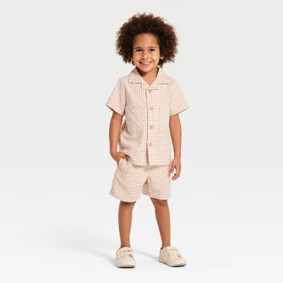 Toddler Boys' 2pc Easter Gingham Short Sleeve Shirt & Shorts Set - Cat & Jack™ Beige 12M