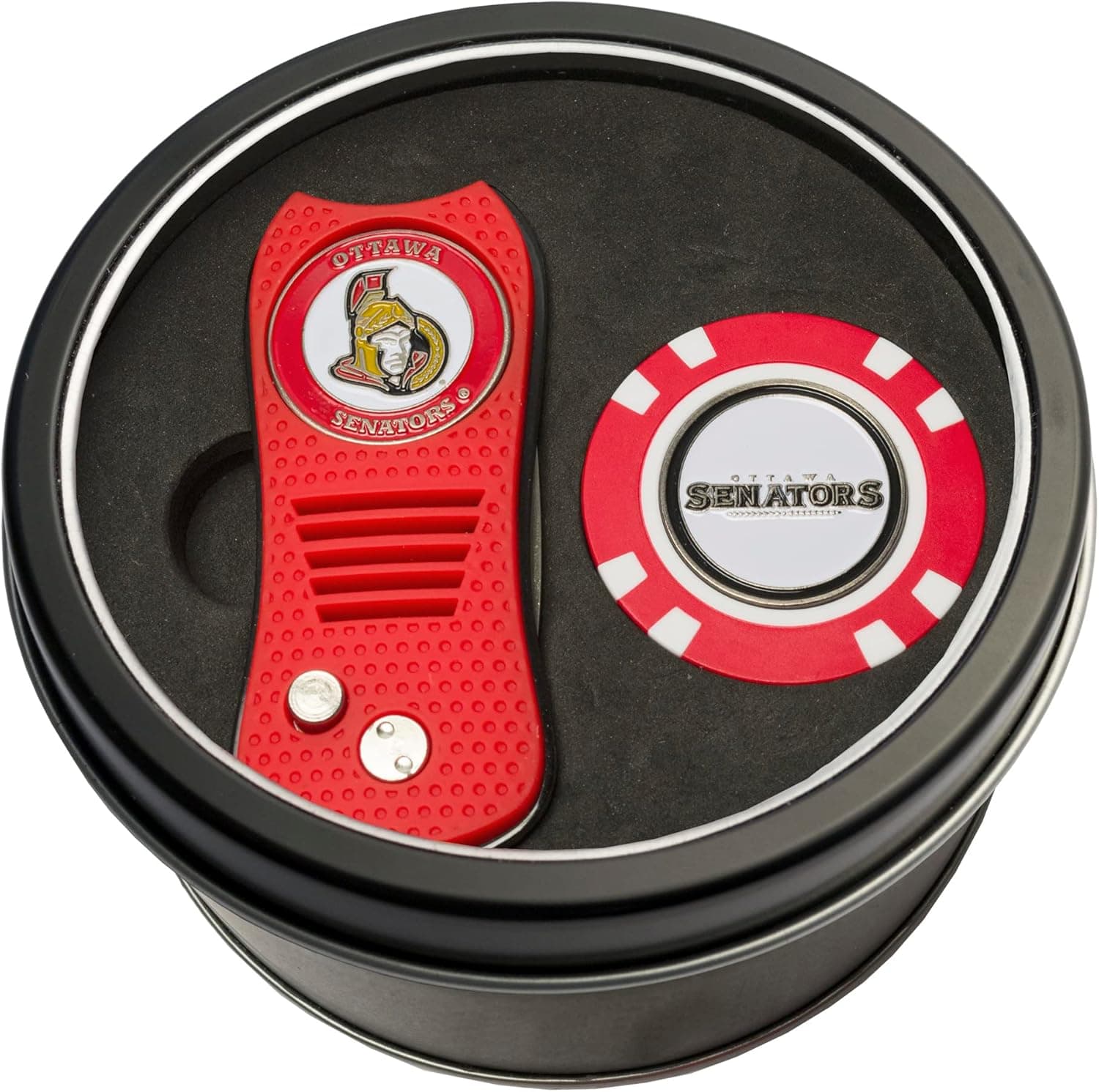 Team Golf NHL Ottawa Senators Tin Gift Set with Retractable Divot Tool and Golf Chip Gift Set & Chip, Includes 2 Double-Sided Enamel Ball Markers, Patented Design, Less Damage to Greens