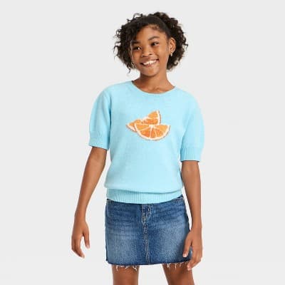Girls' Citrus Graphic Short Sleeve Sweater - art class™ Light Blue S