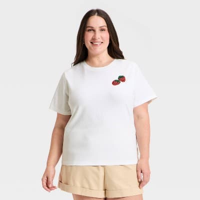 Women's Embellished T-Shirt - A New Day™ White/Strawberry 3X