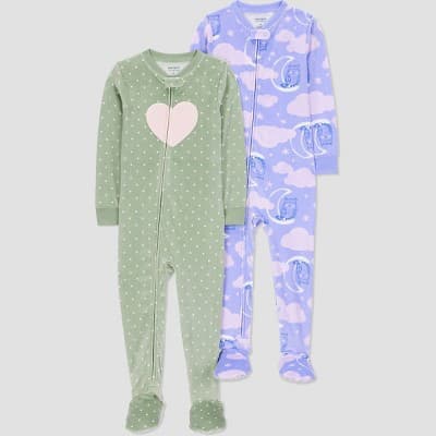Carter's Just One You® Toddler Girls' 2pk Snug Fit Long Sleeve Heart Velour Footed Pajama - Purple/Sage Green 3T