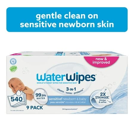 WaterWipes Sensitive Newborn & Baby Wipes, 3-In-1 Cleans, Cares, Protects, 99.9% Water, Unscented & Hypoallergenic, 9 Packs (540 Wipes)