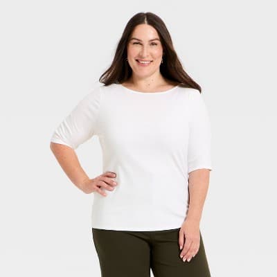 Women's Modern Ribbed Elbow Sleeve Top - A New Day™ White 3X