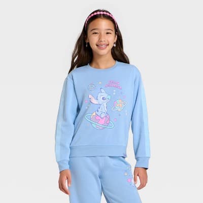 Girls' Disney Stitch Fleece Sweatshirt - Light Blue XS
