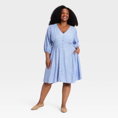Women's Plus Balloon 3/4 Sleeve Button-Front Short Flare A-Line Dress - Ava & Viv™ Blue/White Floral 4X