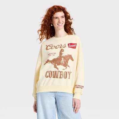 Women's Crewneck Coors Cowboy Graphic Pullover Sweatshirt - Light Yellow XXS